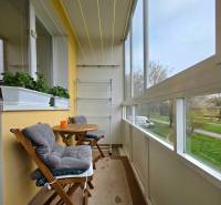 Ein Balkon in einer 4-Zimmer-Wohnung mit Holzmöbeln und Grünpflanzen in Töpfen.