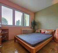 Schlafzimmer in einer 4-Zimmer-Wohnung mit großem Fenster und Boden in Holzoptik.