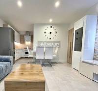 Wohnzimmer in einer 2-Zimmer-Wohnung mit stilvollen Möbeln und einer großen Wanduhr.