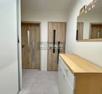 Flur einer 2-Zimmer-Wohnung mit Schiebetüren, Holzboden und Spiegel.