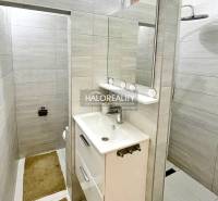 Badezimmer mit weißem Waschbecken und großem Spiegel in einer Zweizimmerwohnung.