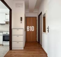Flur mit Holzboden im Ferienapartment, im Hintergrund die Küche.