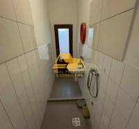 Ein schmales Badezimmer in einem Studio-Apartment, mit Fliesen an den Wänden und einem Fliesenboden.