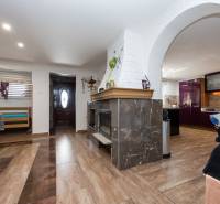 Innenraum eines Einfamilienhauses mit Kamin, Holzboden-Dekor, Küche, Eingangstür.