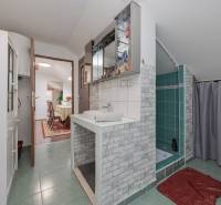 Badezimmer im Einfamilienhaus mit Dusche und Blick auf das Esszimmer.