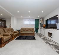 Wohnzimmer in einem Einfamilienhaus mit Ledersofas und einem großen Fernseher.