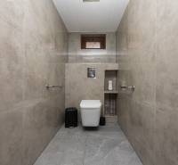 Badezimmer in einem Einfamilienhaus mit Keramikfliesen und Toilette.