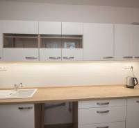 Küchenzeile in einer 2-Zimmer-Wohnung mit Holzdekor-Arbeitsplatte.