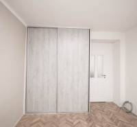 Ein Kleiderschrank mit Schiebetüren in einer 2-Zimmer-Wohnung, ein Boden mit Holzdekor.