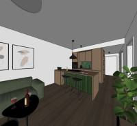 Wohnzimmer mit Küche, grünes Sofa, Essbereich, Boden mit Holzdekor.