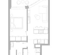 Grundriss einer 2-Zimmer-Wohnung mit Wohnzimmer, Küchenzeile und Schlafzimmer.