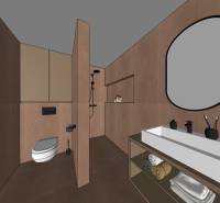 Modernes Badezimmer in einer 2-Zimmer-Wohnung mit geräumiger Dusche und Waschbecken.