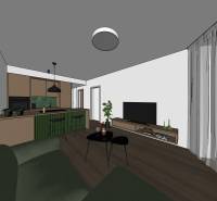 Wohnzimmer in einer 2-Zimmer-Wohnung mit Küchenzeile und Boden in Holzoptik.