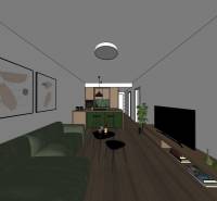 Wohnzimmer mit Sofa, Fernseher, Küchenzeile und Holzboden in einer Zweizimmerwohnung.