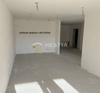 Leeres Wohnzimmer verbunden mit Küche, geeignet für die Einrichtung einer 2-Zimmer-Wohnung.