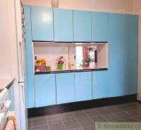 Eine Küche in einem Einfamilienhaus mit blauen Schränken und weißen Geräten.