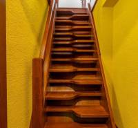 Holztreppen und gelbe Wände in einer Wohnung mit 5 oder mehr Zimmern.