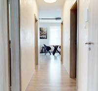 Ein Flur mit einem Boden in Holzoptik, der zu einer 3-Zimmer-Wohnung führt.
