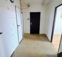 Der Flur einer 3-Zimmer-Wohnung mit weißen Türen und einer dunklen Eingangstür.