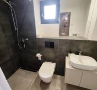 Ein Badezimmer in einer Hütte mit einer Duschkabine, einem modernen Waschbecken und einer Toilette auf einem Boden mit Holzdekor.