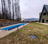 Ein Ferienhaus in der Straße Evy in Holčíkovce mit Pool und Rasen, umgeben von Wald.