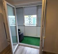 Der Balkon einer 3-Zimmer-Wohnung mit offenen Türen und Ausblick, Boden mit Holzdekor.