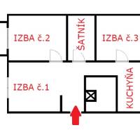 Grundriss einer 3-Zimmer-Wohnung mit Ankleidezimmer und Küche.