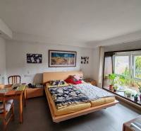 Ein Schlafzimmer in einem Einfamilienhaus mit einem Tisch und einem großen Fenster, Pflanzen auf der Fensterbank.