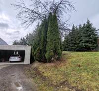 Die Garage bei dem Einfamilienhaus in der Hauptstraße in Piskorovce ist von Nadelbäumen umgeben.