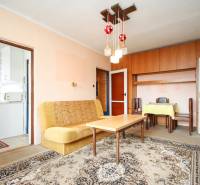 Wohnzimmer einer Zweizimmerwohnung mit Teppichen, Holzmöbeln und Durchgang zur Küche.