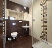 Badezimmer mit Dusche und dunklen Fliesen in einer 4-Zimmer-Wohnung.