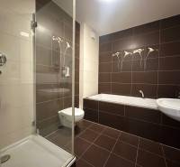 Ein Badezimmer in einer 4-Zimmer-Wohnung mit einer Badewanne und einer Dusche, gefliest mit braunen Fliesen.