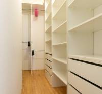 Ein Kleiderschrank mit Regalen und Schubladen, ein Boden mit Holzdekor, eine 4-Zimmer-Wohnung.