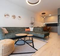 Wohnzimmer in einer Zweizimmerwohnung mit Sofa, Couchtischen und einem Boden in Holzoptik.