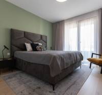 Schlafzimmer in einer 2-Zimmer-Wohnung mit großem Bett und grüner Wand.