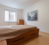 Schlafzimmer in einer 2-Zimmer-Wohnung mit eingebautem Bett und Bild an der Wand.