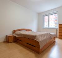 Ein Zimmer mit hellen Wänden, einem Doppelbett und einem Holzboden in einer 2-Zimmer-Wohnung.