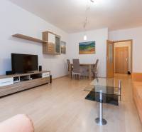 Wohnzimmer in einer 2-Zimmer-Wohnung mit Holzboden und orangefarbenem Sofa.