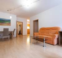 Wohnzimmer einer Zweizimmerwohnung mit einem orangefarbenen Sofa und einem Boden in Holzoptik.