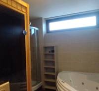 Badezimmer mit Badewanne, Dusche, Sauna und Fenster in einer 2-Zimmer-Wohnung.