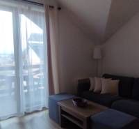 Wohnzimmer in einer Zweizimmerwohnung mit Sofa, Couchtisch und Blick auf den Balkon.