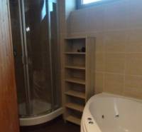 Badezimmer mit Dusche, Eckbadewanne und Boden mit Holzdekor in einer 2-Zimmer-Wohnung.