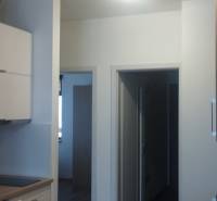 Küche mit weißen Schränken und Holzdekor in einer 2-Zimmer-Wohnung.