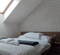 Schlafzimmer in einer 2-Zimmer-Wohnung mit Bett, Dachfenster und Ziegelverkleidung.