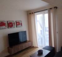 Wohnzimmer mit Sofa, Fernseher und roten Bildern in einer 2-Zimmer-Wohnung.