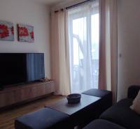 Wohnzimmer mit Fernseher, Holzboden und bequemer Couch in einer Zweizimmerwohnung.