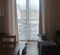 Wohnzimmer in einer Zweizimmerwohnung mit Holzboden und französischem Fenster.