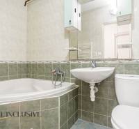 Badezimmer in einer 2-Zimmer-Wohnung mit Badewanne, Waschbecken und Toilette, gefliest mit grünen Fliesen.