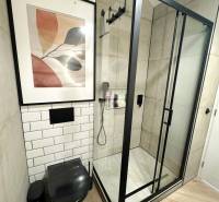 Badezimmer in einer 3-Zimmer-Wohnung mit verglaster Duschkabine und schwarzem WC.