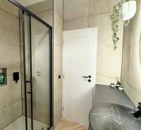 Badezimmer in einer 3-Zimmer-Wohnung mit schwarzem Waschbecken, Duschkabine und Boden mit Holzdekor.